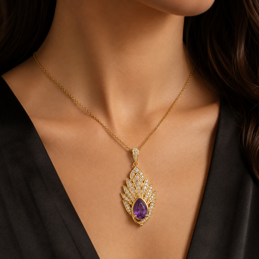 Amethyst Moissanite Pendant, 14K 18K 20K Gold Pendant, Purple Pear Gemstone Necklace, Luxury Floral Pendant Gift For Her