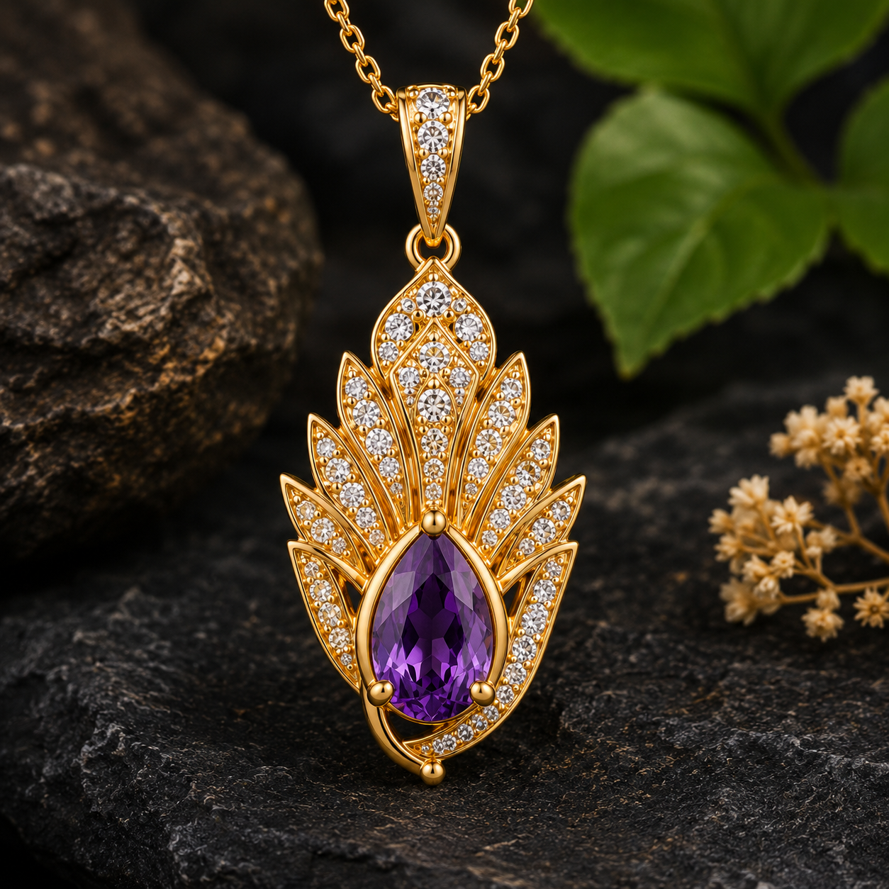 Amethyst Moissanite Pendant, 14K 18K 20K Gold Pendant, Purple Pear Gemstone Necklace, Luxury Floral Pendant Gift For Her