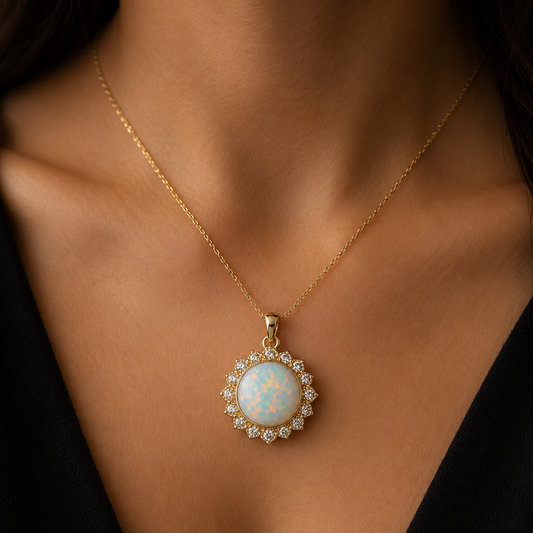 Gold Plated Sterling Silver Sunburst Opal Pendant, Round Cabochon Charm
