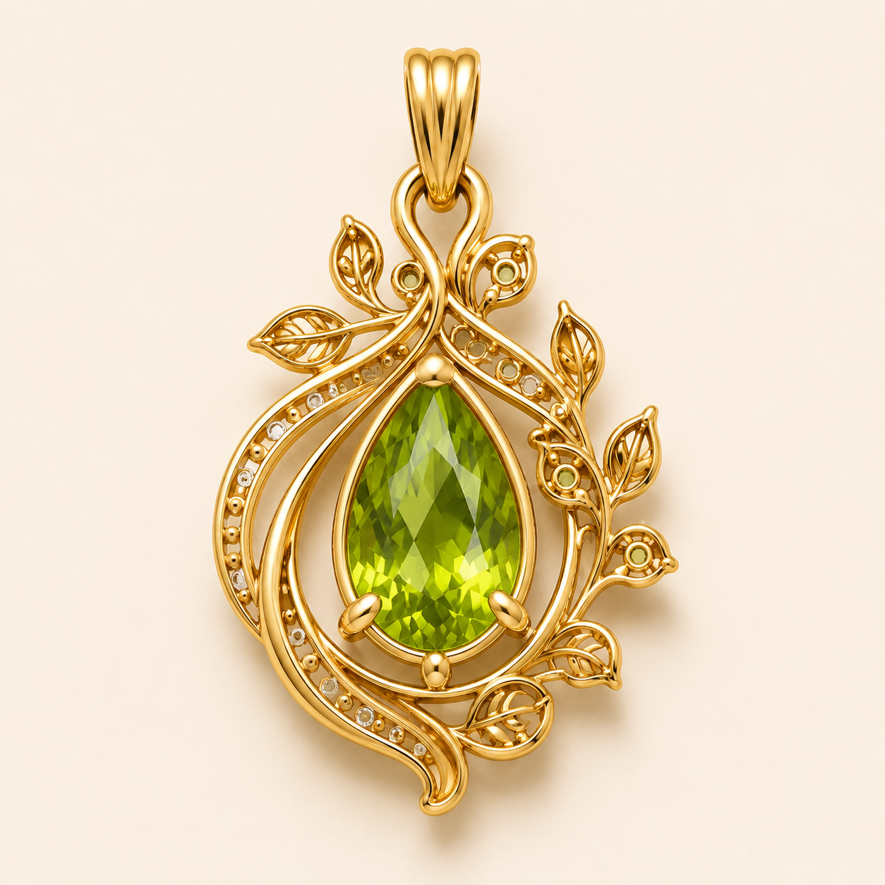 Peridot Pendant, Pear Cut Green Gemstone Pendant,14K 18K 20K Gold Floral Vine Gold Pendant, Nature Inspired Jewelry, Gift for Her