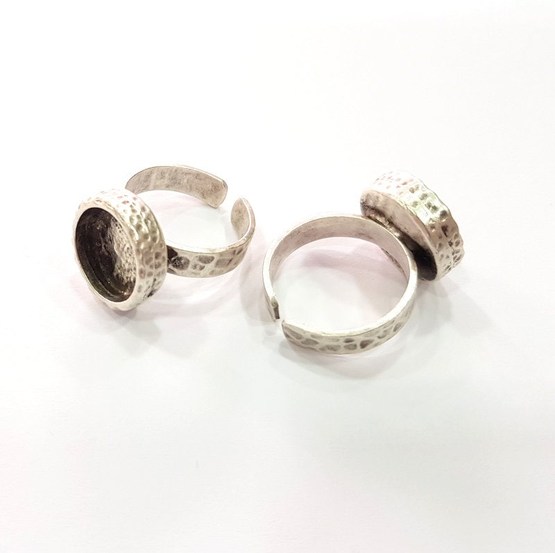 Ring Blank Setting Hammered Ring Base Bezel inlay Ring Backs Glass Cabochon Mounting Adjustable Antique Silver Plated Ring (10 mm )