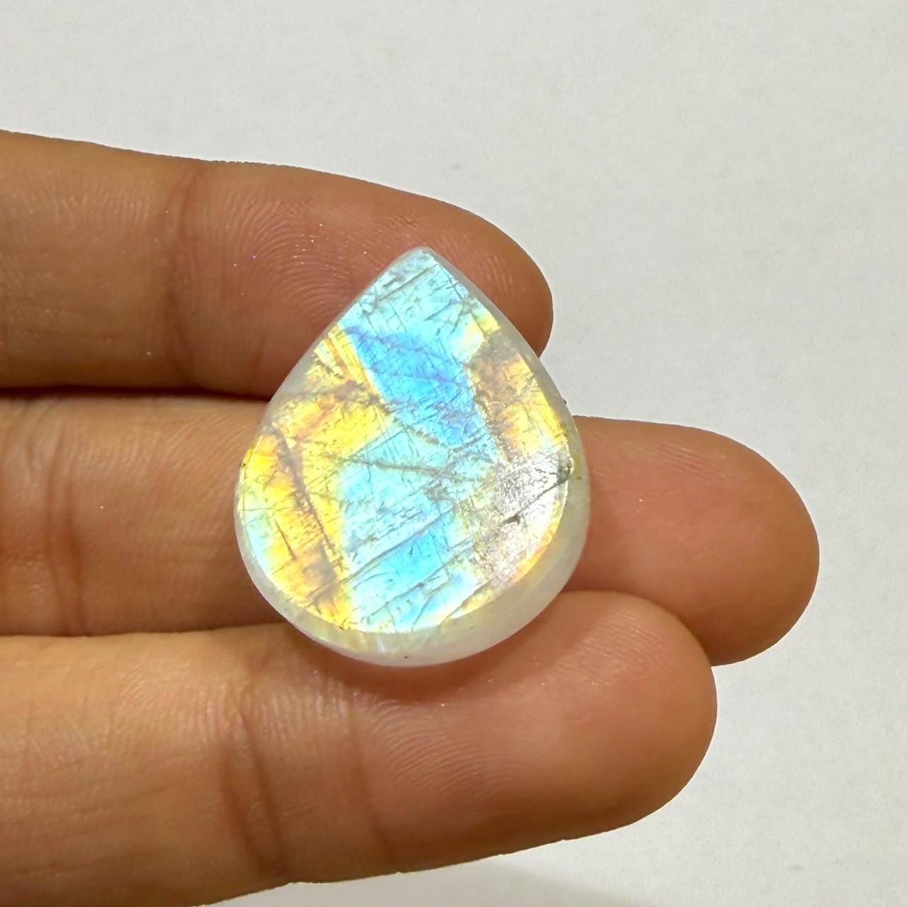 Natural Blue Rainbow Moonstone Pear Cabochon, 25.5x21x8mm, 33cts, Loose Gemstone for Jewelry Making