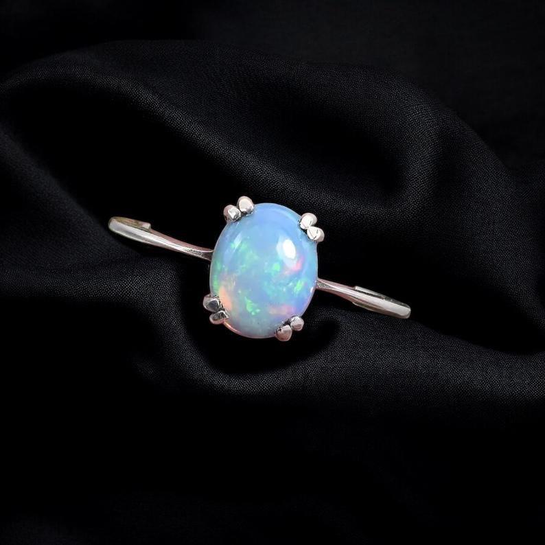 Natural Ethiopian Opal Ring, Oval Cabochon Opal Ring, 925 Sterling Silver Solitaire Ring, October Birthstone Ring, Minimalist Gift for Her