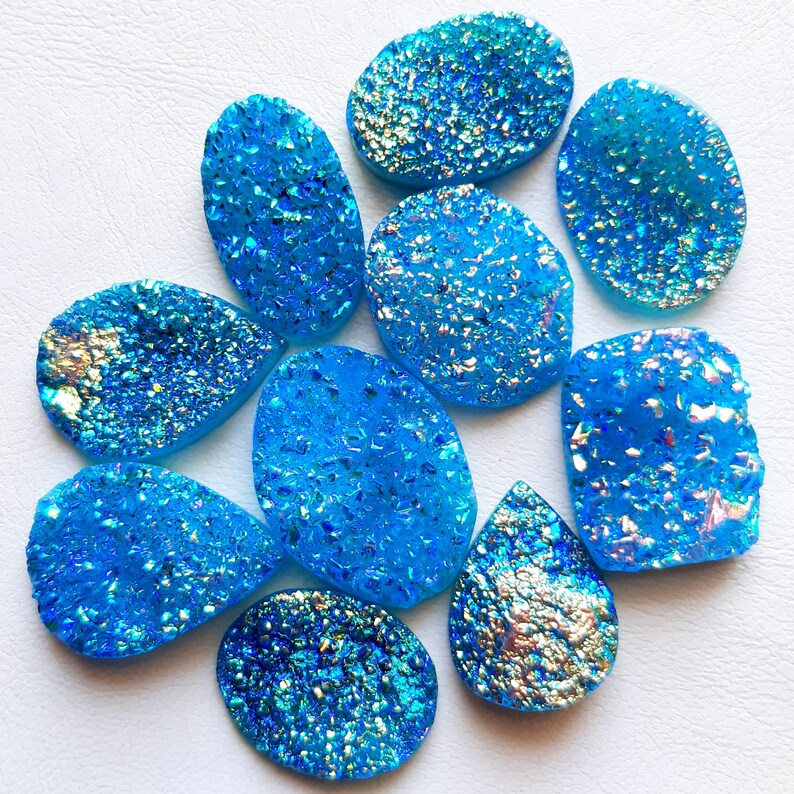 Paraiba Color Titanium Coated Druzy Stone Cabochon Wholesale Lot Gemstone By Pieces With Different Shapes And Sizes Used For Jewelry Making (Natural-Coated)