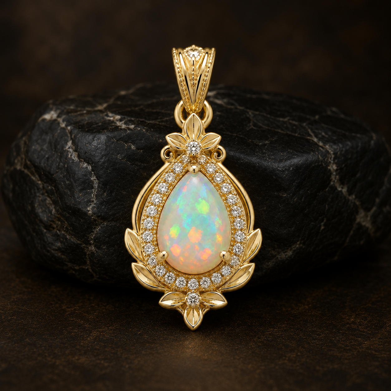 Pear Opal Pendant, 14K 18K 20K Gold Pendant, Opal Gemstone Necklace, Vintage Gold Pendant, October Birthstone Gift For Her
