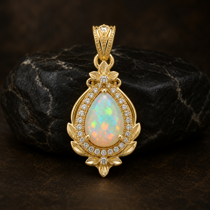Pear Opal Pendant, 14K 18K 20K Gold Pendant, Opal Gemstone Necklace, Vintage Gold Pendant, October Birthstone Gift For Her