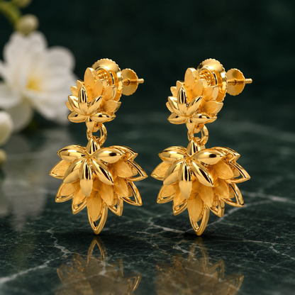 Lotus Flower Gold Earrings, Floral Dangle Earrings, 14K 18K 20K Gold Earrings, Botanical Drop Earrings, Handmade Statement Jewelry