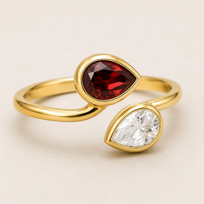 Garnet and Crystal Ring, 925 Sterling Silver Pear Cut Gemstone Ring, Two Stone Bypass Ring, January Birthstone Gift for Her