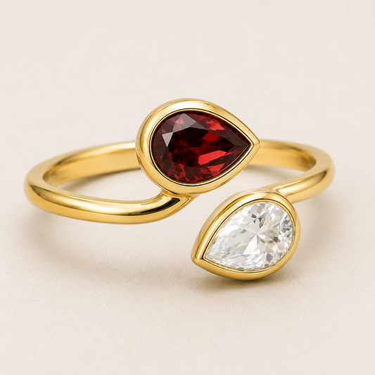 Garnet and Crystal Ring, 925 Sterling Silver Pear Cut Gemstone Ring, Two Stone Bypass Ring, January Birthstone Gift for Her
