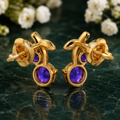 Tanzanite Cherry Stud Earrings, 14K 18K 20K Gold Earrings, Blue Purple Gemstone Earrings, Leaf Design Earrings, Gift For Her