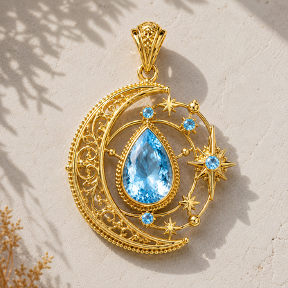 Moon Star Blue Topaz Pendant, 14K 18K 20K Gold Pendant, Celestial Gold Necklace, Pear Blue Gemstone Pendant, Gift For Her