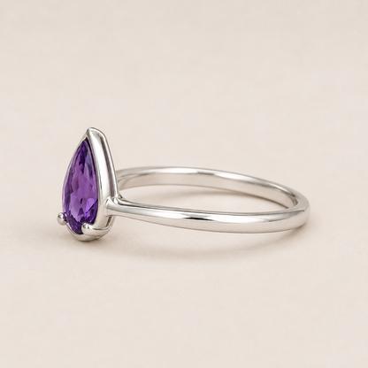 Pear Cut Amethyst Ring, 925 Sterling Silver Purple Gemstone Ring, Minimalist Teardrop Ring, February Birthstone Gift for Her