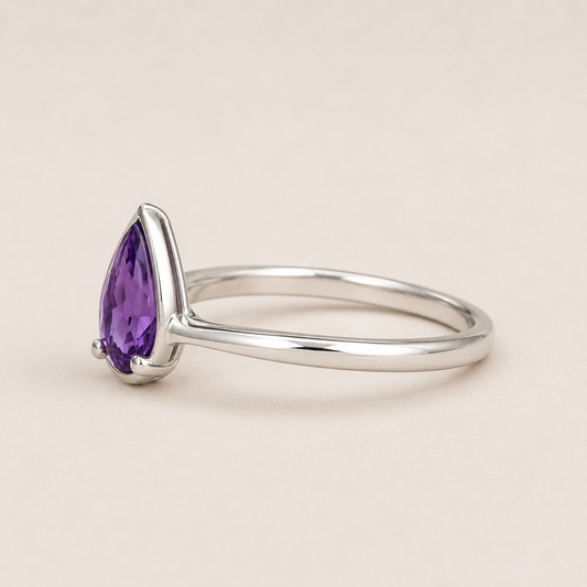 Pear Cut Amethyst Ring, 925 Sterling Silver Purple Gemstone Ring, Minimalist Teardrop Ring, February Birthstone Gift for Her