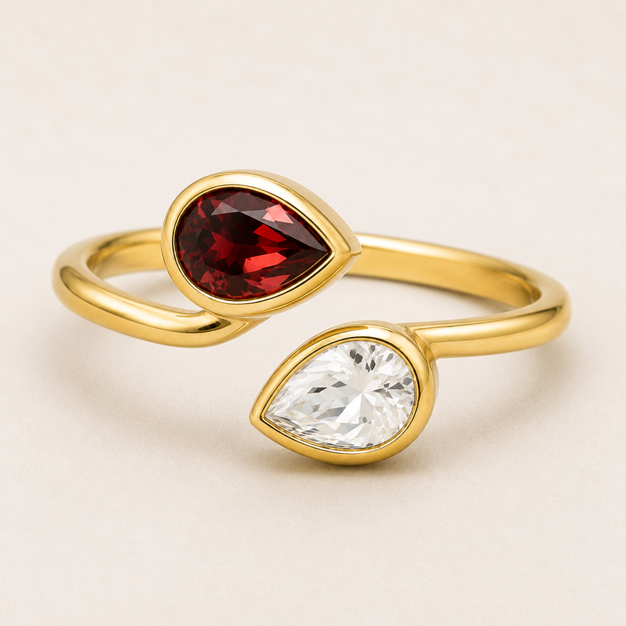 Garnet and Crystal Ring, 925 Sterling Silver Pear Cut Gemstone Ring, Two Stone Bypass Ring, January Birthstone Gift for Her
