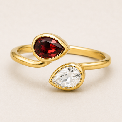 Garnet and Crystal Ring, 925 Sterling Silver Pear Cut Gemstone Ring, Two Stone Bypass Ring, January Birthstone Gift for Her