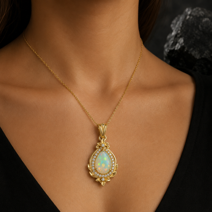 Pear Opal Pendant, 14K 18K 20K Gold Pendant, Opal Gemstone Necklace, Vintage Gold Pendant, October Birthstone Gift For Her