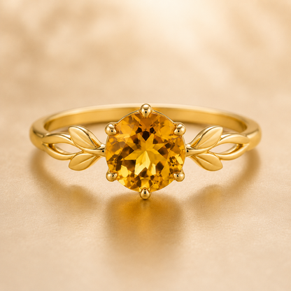 Natural Citrine Ring, 925 Sterling Silver Leaf Ring, Round Yellow Gemstone Ring, November Birthstone Gift for Her