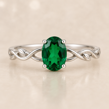 Lab Created Emerald Vine Ring, Oval Green Gemstone Ring, 925 Sterling Silver Leaf Ring, Nature Inspired Engagement Ring, Gift for Her