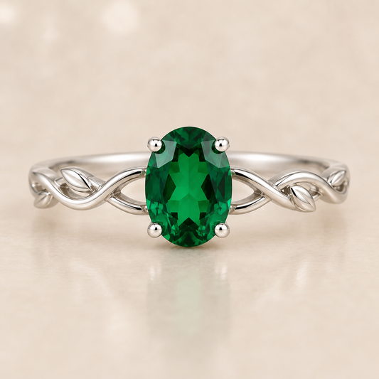 Lab Created Emerald Vine Ring, Oval Green Gemstone Ring, 925 Sterling Silver Leaf Ring, Nature Inspired Engagement Ring, Gift for Her
