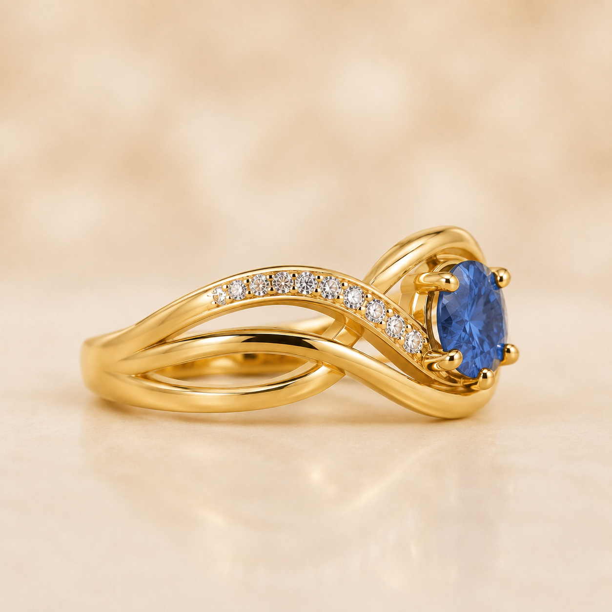 Blue Sapphire Diamond Ring, 14K 18K 20K Gold Ring, Round Sapphire Engagement Ring, Diamond Side Stone Ring, Gift For Her