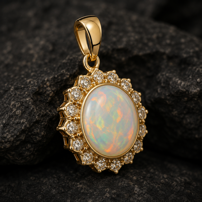 Gold Plated Sterling Silver Sunburst Opal Pendant, Round Cabochon Charm