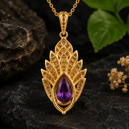 Amethyst Moissanite Pendant, 14K 18K 20K Gold Pendant, Purple Pear Gemstone Necklace, Luxury Floral Pendant Gift For Her