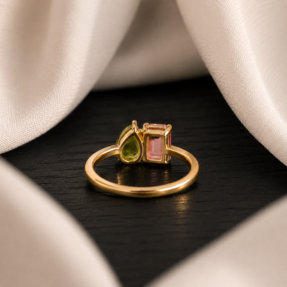 Natural Pink & Green Tourmaline Ring, 925 Sterling Silver Toi et Moi Ring, Two Stone Birthstone Ring, October Gift for Her