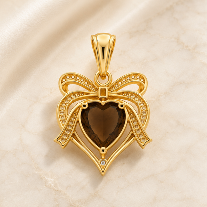 Heart Smoky Quartz Pendant, 14K 18K 20K Gold Pendant, Bow Design Gold Necklace, Brown Gemstone Pendant, Romantic Gift For Her