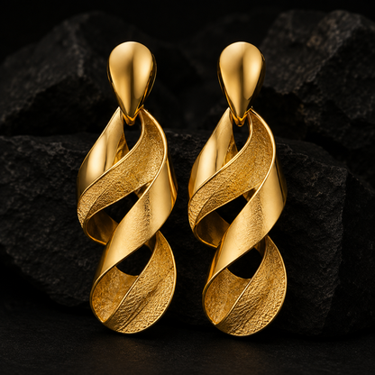 Gold Twist Drop Earrings, 14K 18K 20K Gold Earrings, Minimal Statement Earrings, Textured Ribbon Dangle Earrings, Gift For Her