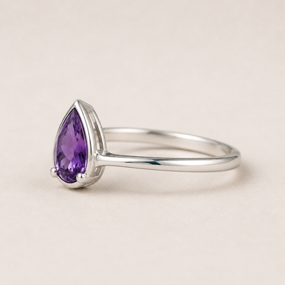 Pear Cut Amethyst Ring, 925 Sterling Silver Purple Gemstone Ring, Minimalist Teardrop Ring, February Birthstone Gift for Her