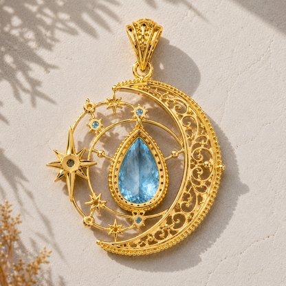 Moon Star Blue Topaz Pendant, 14K 18K 20K Gold Pendant, Celestial Gold Necklace, Pear Blue Gemstone Pendant, Gift For Her