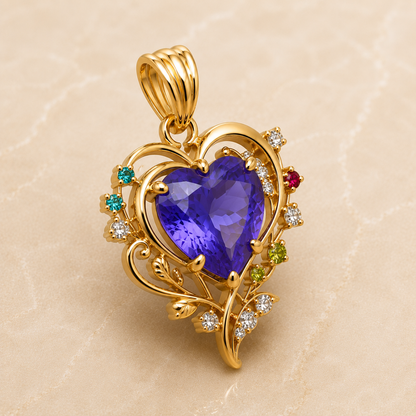 Tanzanite Heart Pendant, 14K 18K 20K Gold Pendant, Diamond Accent Heart Necklace, Pink Tourmaline Peridot, Swiss Blue ,Topaz Gift For Her