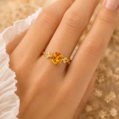 Natural Citrine Ring, 925 Sterling Silver Leaf Ring, Round Yellow Gemstone Ring, November Birthstone Gift for Her