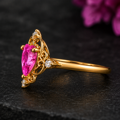 Heart Pink Tourmaline Ring, 14K 18K 20K Gold Ring, Pink Gemstone Ring, Vintage Heart Ring, Romantic Promise Ring, Gift For Her