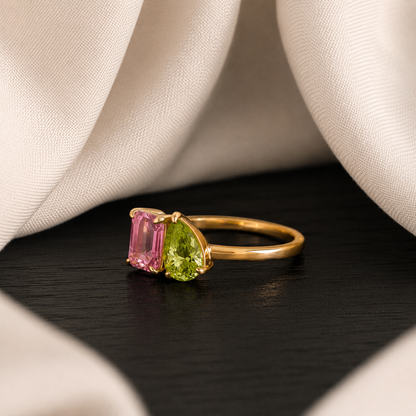 Natural Pink & Green Tourmaline Ring, 925 Sterling Silver Toi et Moi Ring, Two Stone Birthstone Ring, October Gift for Her