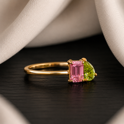 Natural Pink & Green Tourmaline Ring, 925 Sterling Silver Toi et Moi Ring, Two Stone Birthstone Ring, October Gift for Her