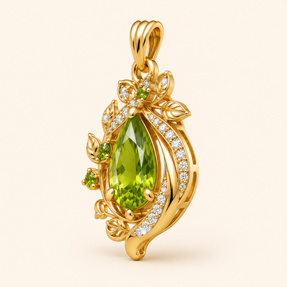 Peridot Pendant, Pear Cut Green Gemstone Pendant,14K 18K 20K Gold Floral Vine Gold Pendant, Nature Inspired Jewelry, Gift for Her
