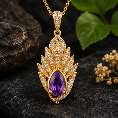 Amethyst Moissanite Pendant, 14K 18K 20K Gold Pendant, Purple Pear Gemstone Necklace, Luxury Floral Pendant Gift For Her