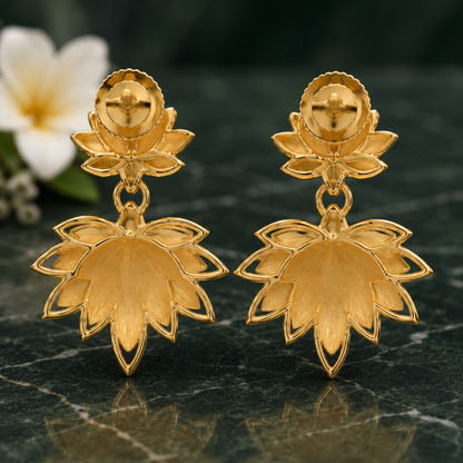 Lotus Flower Gold Earrings, Floral Dangle Earrings, 14K 18K 20K Gold Earrings, Botanical Drop Earrings, Handmade Statement Jewelry