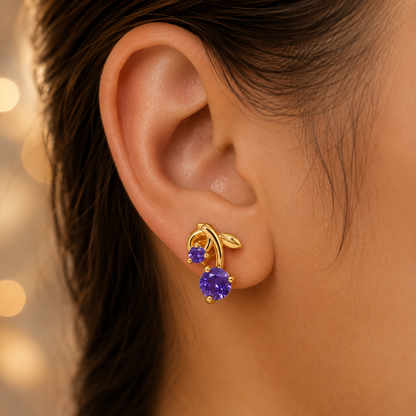 Tanzanite Cherry Stud Earrings, 14K 18K 20K Gold Earrings, Blue Purple Gemstone Earrings, Leaf Design Earrings, Gift For Her