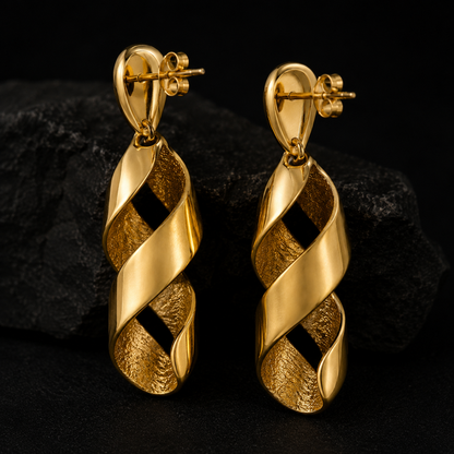 Gold Twist Drop Earrings, 14K 18K 20K Gold Earrings, Minimal Statement Earrings, Textured Ribbon Dangle Earrings, Gift For Her