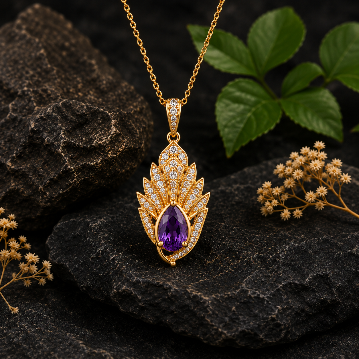 Amethyst Moissanite Pendant, 14K 18K 20K Gold Pendant, Purple Pear Gemstone Necklace, Luxury Floral Pendant Gift For Her