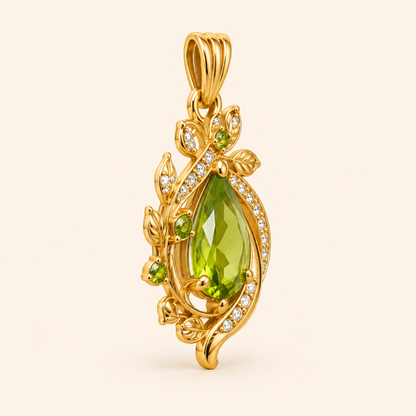 Peridot Pendant, Pear Cut Green Gemstone Pendant,14K 18K 20K Gold Floral Vine Gold Pendant, Nature Inspired Jewelry, Gift for Her
