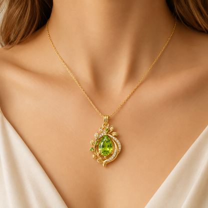 Peridot Pendant, Pear Cut Green Gemstone Pendant,14K 18K 20K Gold Floral Vine Gold Pendant, Nature Inspired Jewelry, Gift for Her