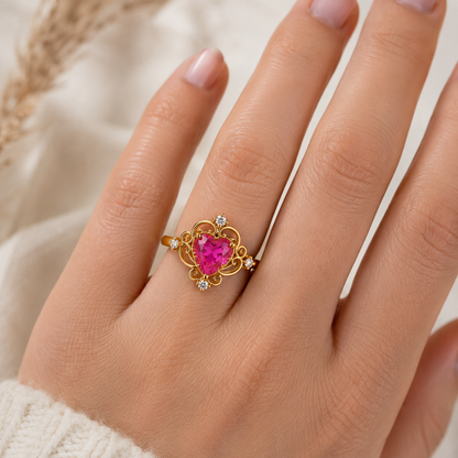 Heart Pink Tourmaline Ring, 14K 18K 20K Gold Ring, Pink Gemstone Ring, Vintage Heart Ring, Romantic Promise Ring, Gift For Her