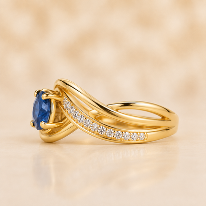 Blue Sapphire Diamond Ring, 14K 18K 20K Gold Ring, Round Sapphire Engagement Ring, Diamond Side Stone Ring, Gift For Her