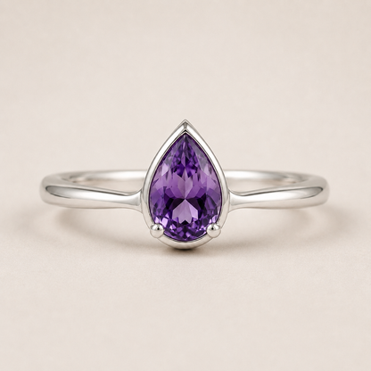 Pear Cut Amethyst Ring, 925 Sterling Silver Purple Gemstone Ring, Minimalist Teardrop Ring, February Birthstone Gift for Her