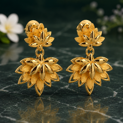 Lotus Flower Gold Earrings, Floral Dangle Earrings, 14K 18K 20K Gold Earrings, Botanical Drop Earrings, Handmade Statement Jewelry