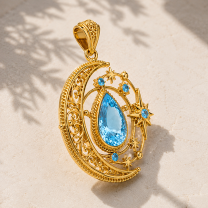Moon Star Blue Topaz Pendant, 14K 18K 20K Gold Pendant, Celestial Gold Necklace, Pear Blue Gemstone Pendant, Gift For Her