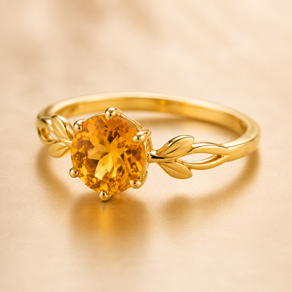 Natural Citrine Ring, 925 Sterling Silver Leaf Ring, Round Yellow Gemstone Ring, November Birthstone Gift for Her